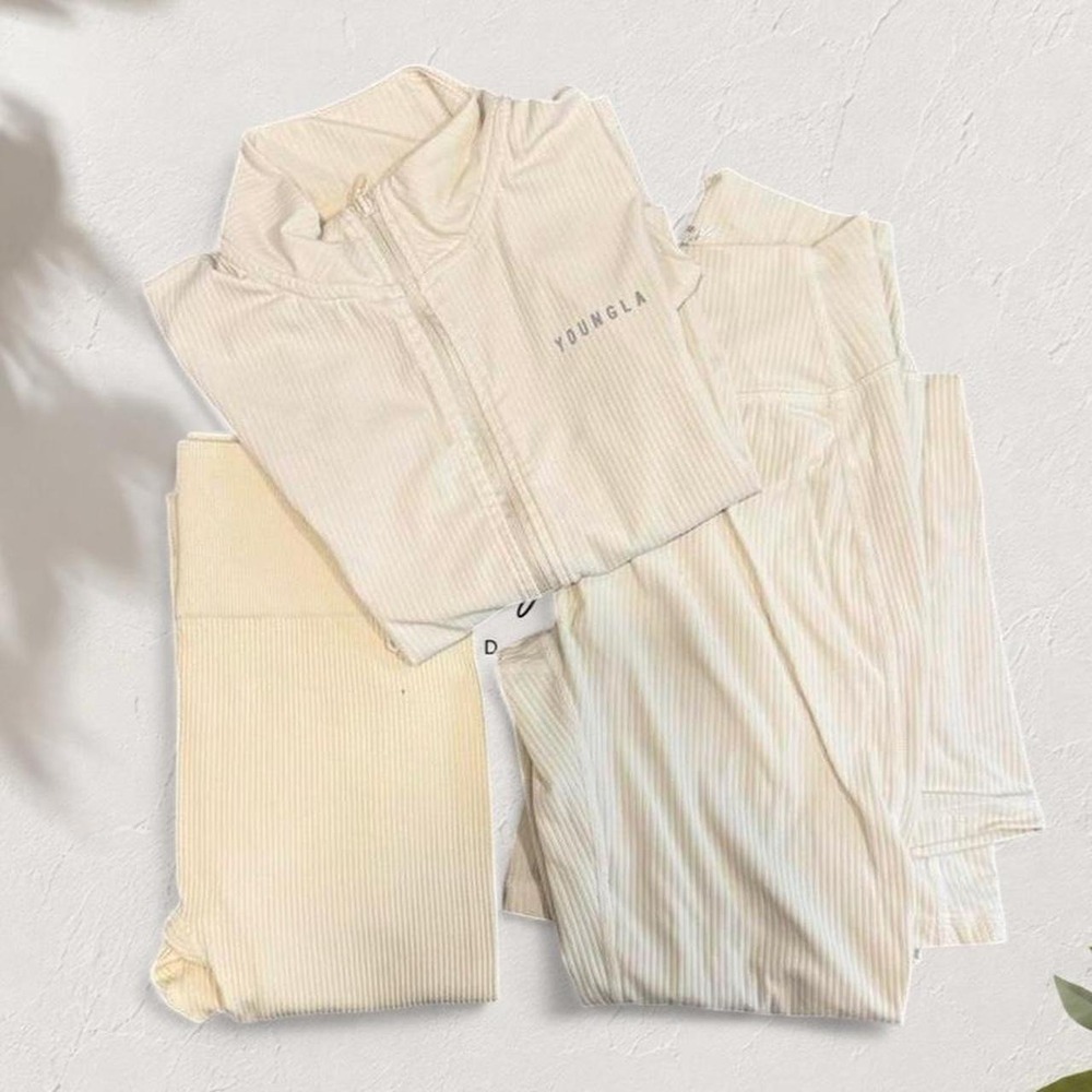 YoungLA Athleisure Bundle Ivory Ribbed Zip Jacket Flared Leggings Small 3pc Set